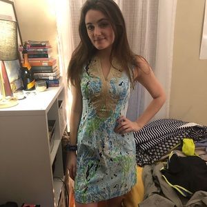 Blue green Lilly Pulitzer dress with gold detail